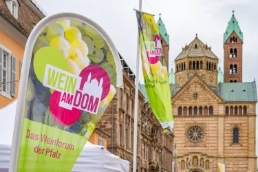 Wein am Dom Fahne mit Dom zu Speyer (© Pfalz Touristik e.V., Heimatlichter GmbH)