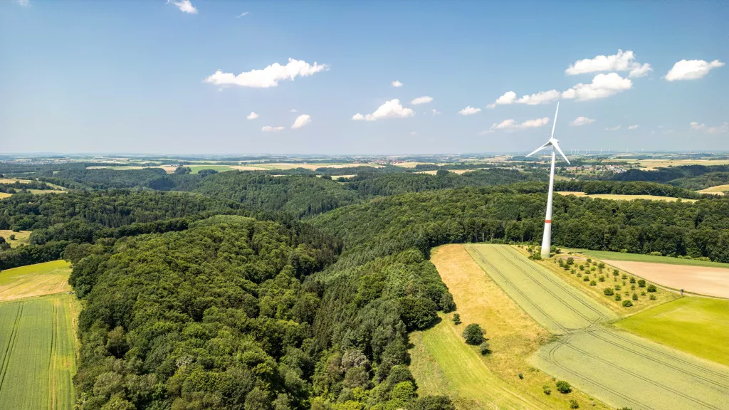 Bewaldetes Tal auf der Sickinger Höhe mit Windrad